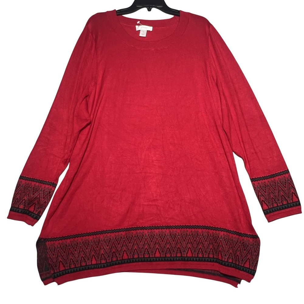 CJ Banks Women's 2X Red Knit Tunic Top Sweater Rayon Blend Patterned Hem Cuffs